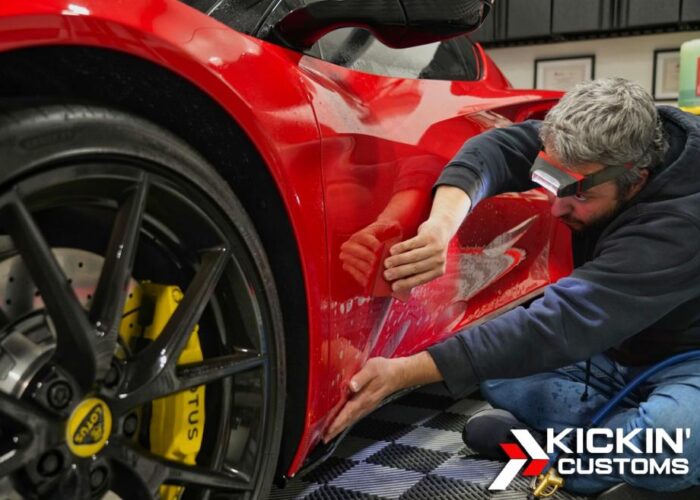 PPF Install Mazda CX 90 Red Mazda CX-90 in Soul Red with paint protection film installed by Kickin' Customs in Raynham, MA.