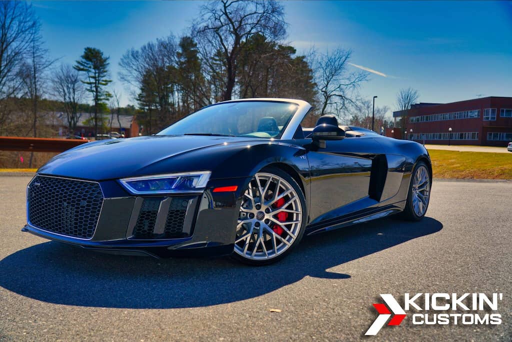 Audi R8 Spyder receiving high-gloss PPF and ceramic window tint for a client from Walpole Massachusetts.