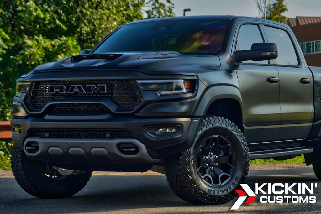 • Ram TRX wrapped in satin black color PPF at Kickin’ Customs, combining rugged styling with chip resistance for Wrentham MA truck owners.