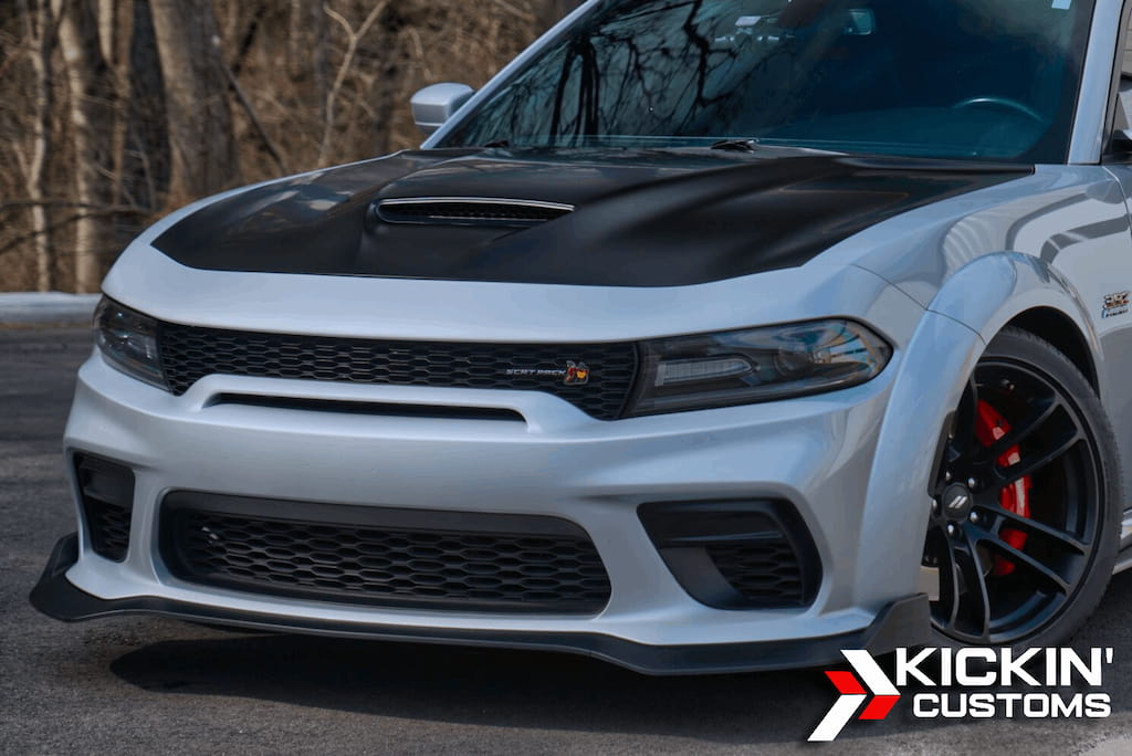dodge-charger-color-ppf-hood-wrap-kickin-customs-randolph-ma Dodge Charger featuring a gloss black hood wrap using colored PPF, installed by Kickin’ Customs just outside Randolph, MA
