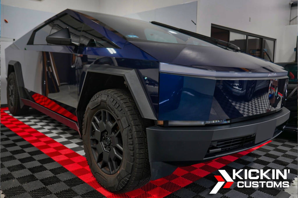 Tesla Cybertruck wrapped in gloss blue full-body PPF at Kickin’ Customs, now available to customers from Natick, MA.