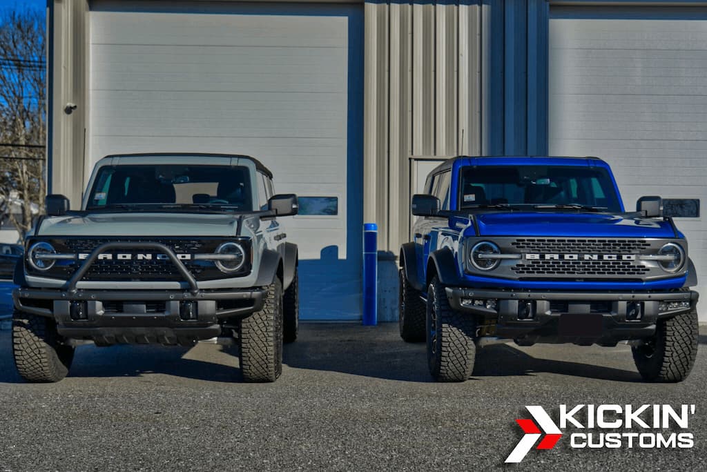 Two Ford Broncos receiving full body PPF coverage with the Zero Exposure Package at Kickin’ Customs near Quincy, MA