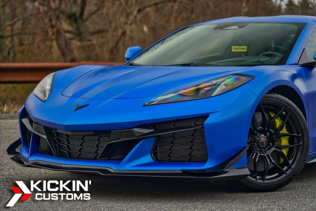 Stealth-finished C8 Corvette featuring matte paint protection film installed for a client near Marion, Massachusetts.