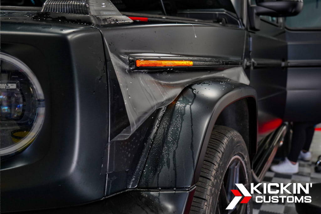 Stealth paint protection film installation on a matte Mercedes G-Wagon at Kickin’ Customs, frequently requested in Needham, MA.