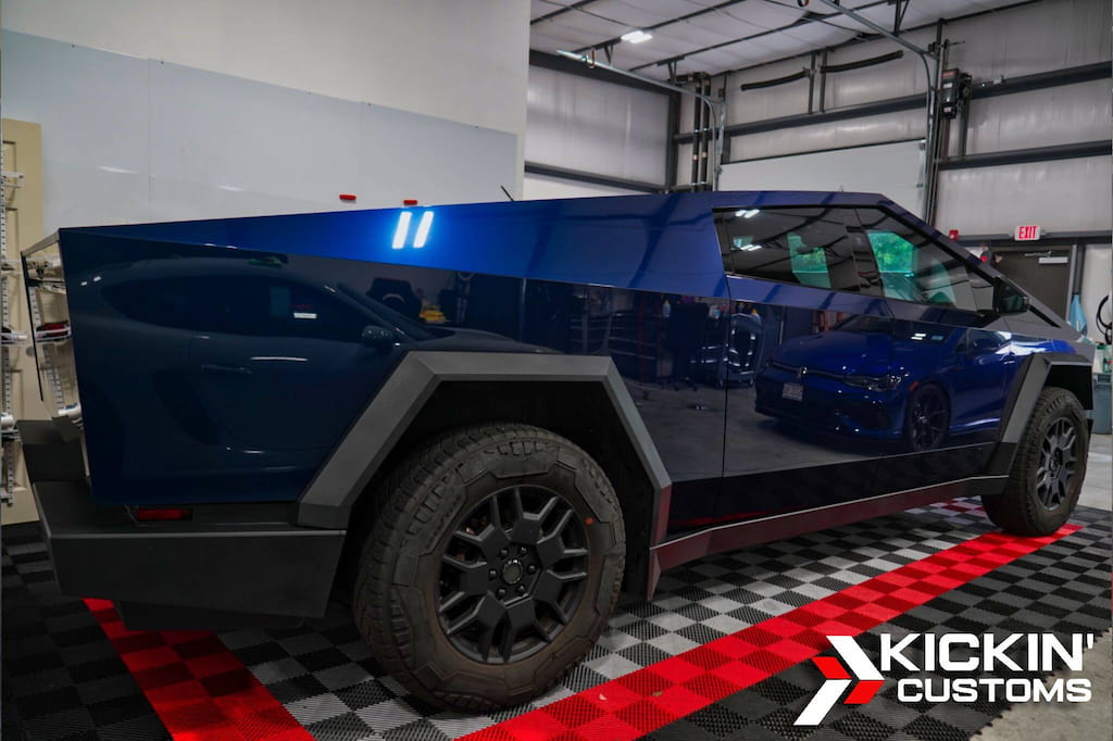 Tesla Cybertruck enhanced with gloss blue PPF wrap, completed by Kickin’ Customs for customers from the Marion, MA area.
